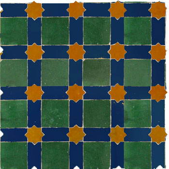 Mosaic House Moroccan tile Alhambra 10-15-8 Green Cobalt Blue Ochre  zellige, mosaic, zellij, field, pattern, glaze, stars 